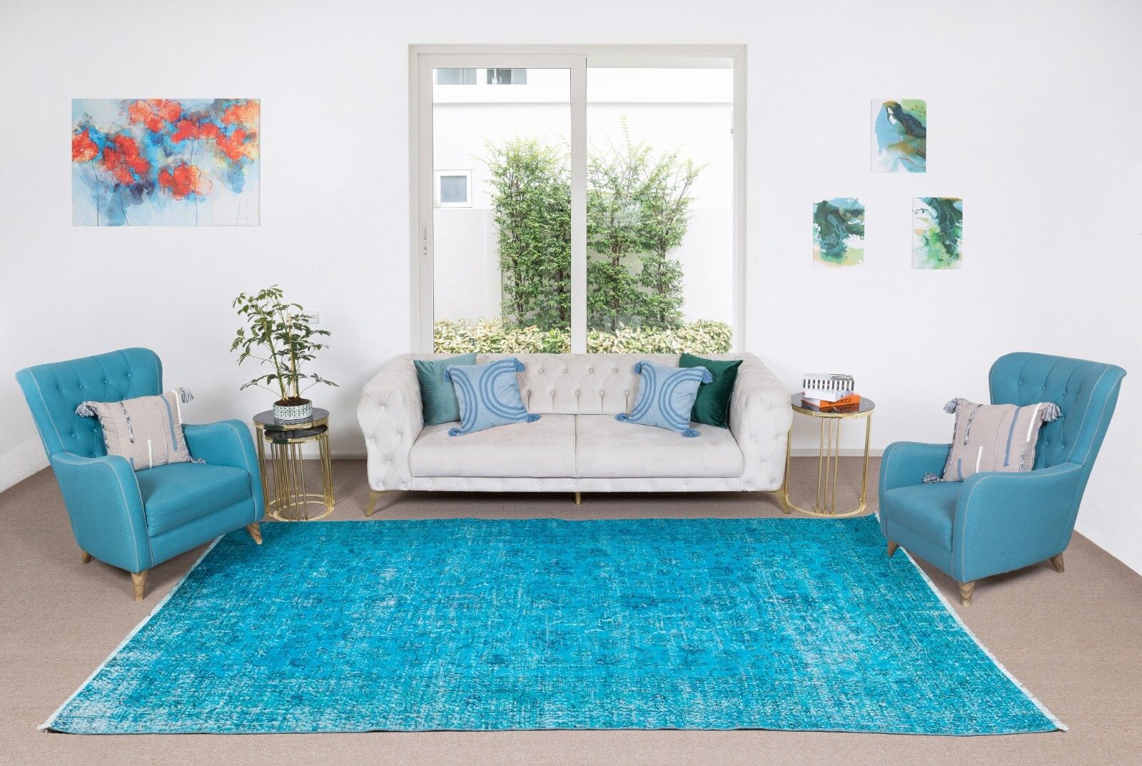 7x11 Ft Handmade Vintage Turkish Area Rug In Teal Blue, Modern Large Wool Carpet