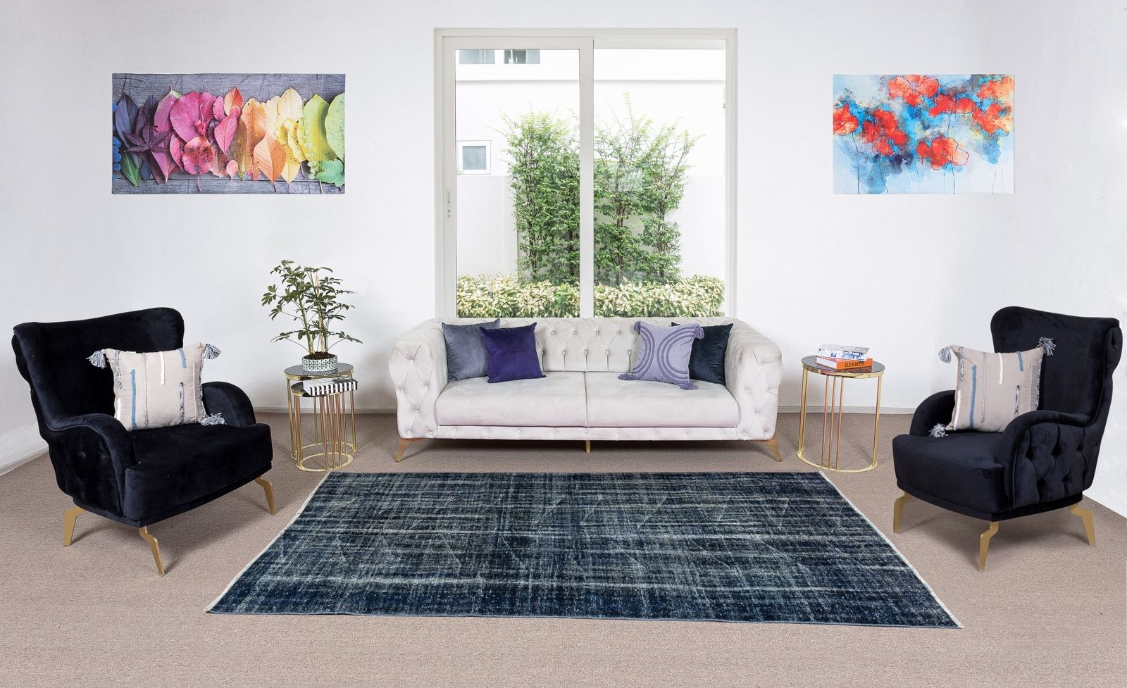 5.2x9 Ft Turkish Vintage Carpet Over Dyed In Navy Blue, Modern Handmade Area Rug photo furniture