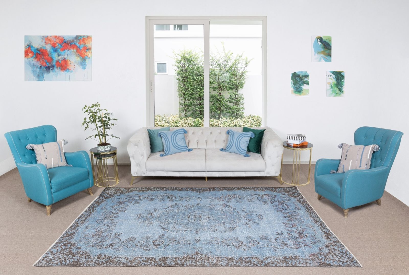 6.4x10.2 Ft Handmade 1960s Turkish Rug Re Dyed In Light Blue For Modern Interior photo furniture