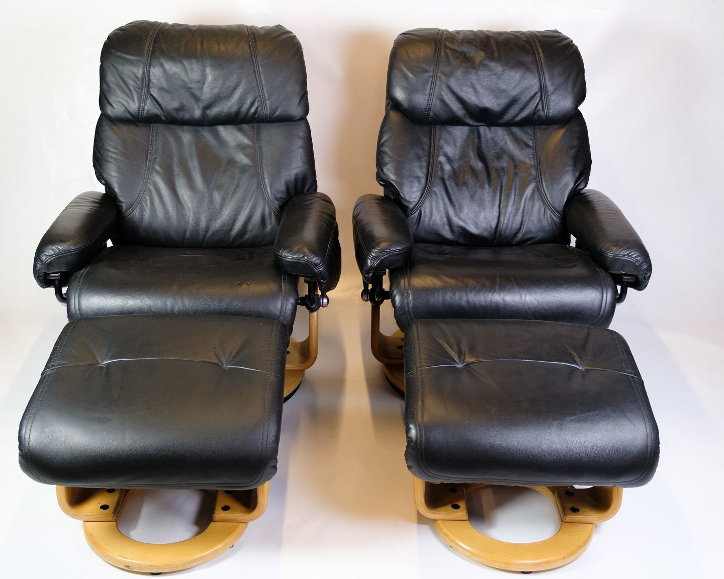 Set Of Two Armchairs With Footstool In Bent Beech  & Black Leather, Scandinavian Design