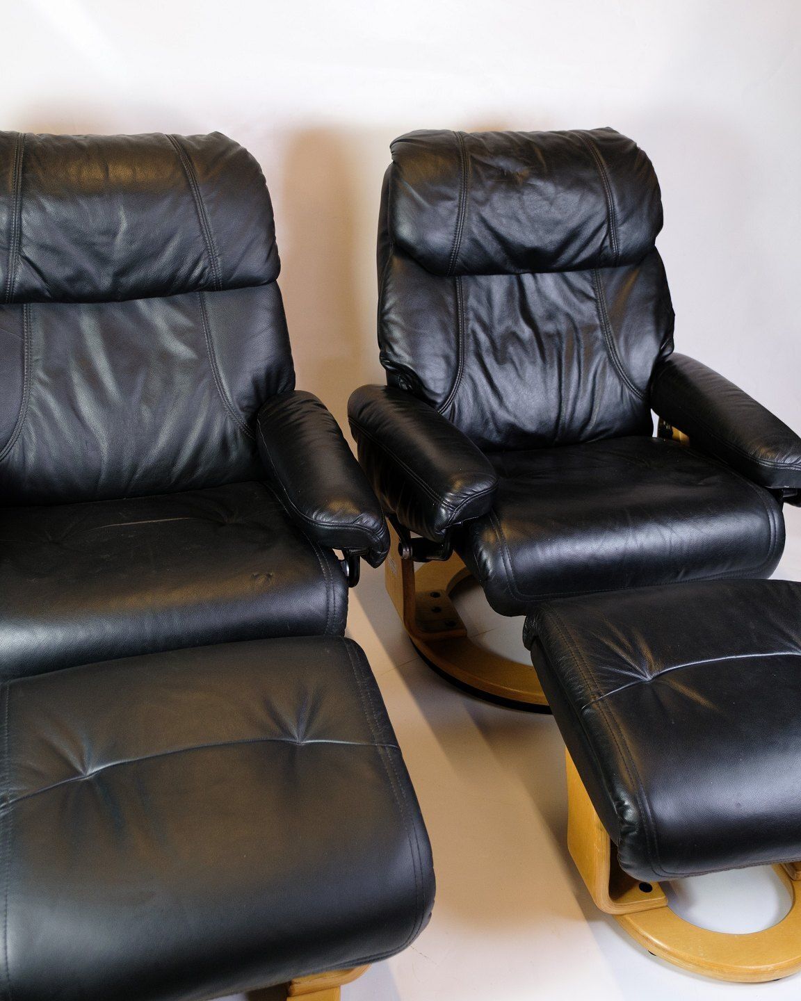 Set Of Two Armchairs With Footstool In Bent Beech  & Black Leather, Scandinavian Design photo furniture
