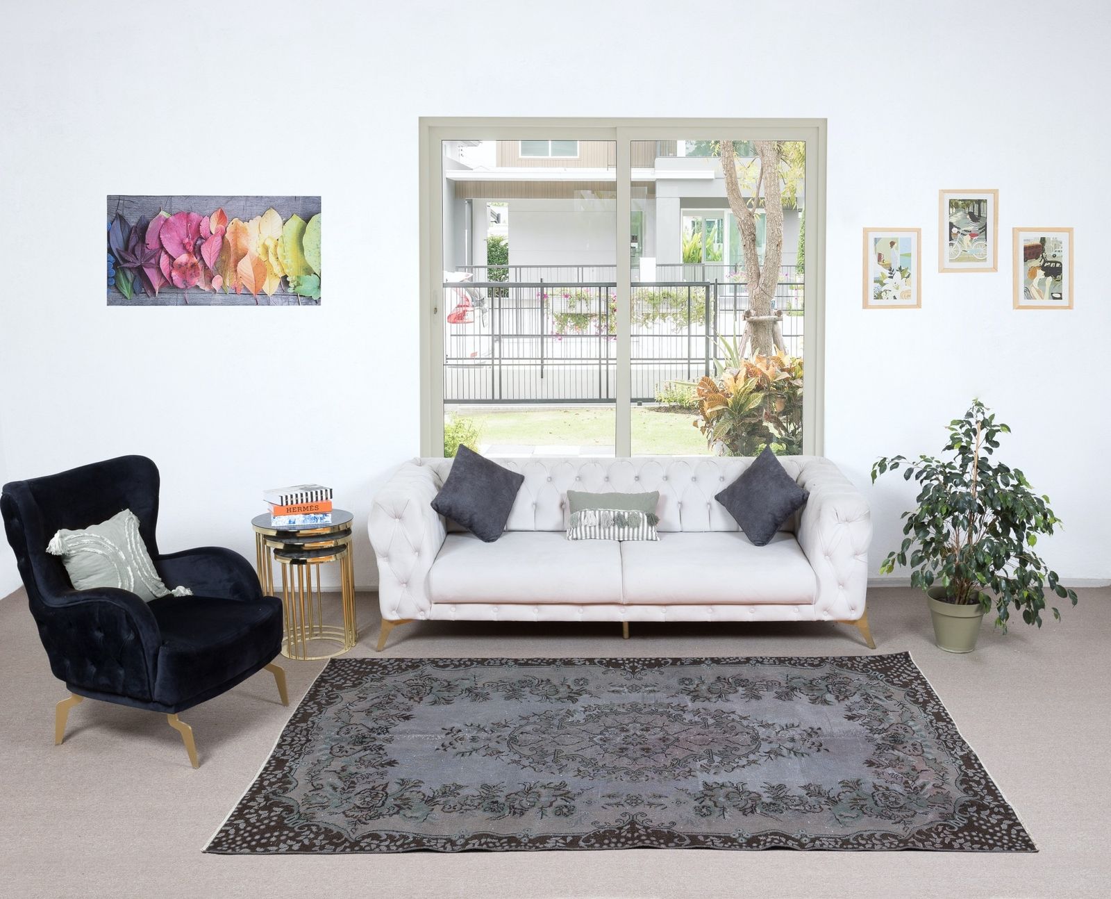 5.6x9 Ft Hand Knotted Rug With Floral Medallion, Gray Modern Turkish Carpet photo furniture