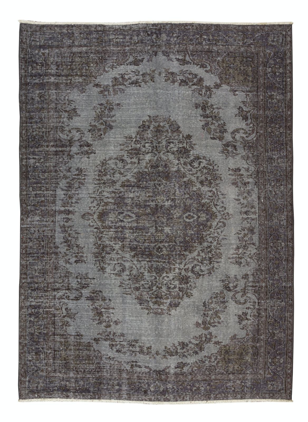 5.5x7.6 Ft Vintage Medallion Design Rug Overdyed In Gray, Handknotted In Turkey