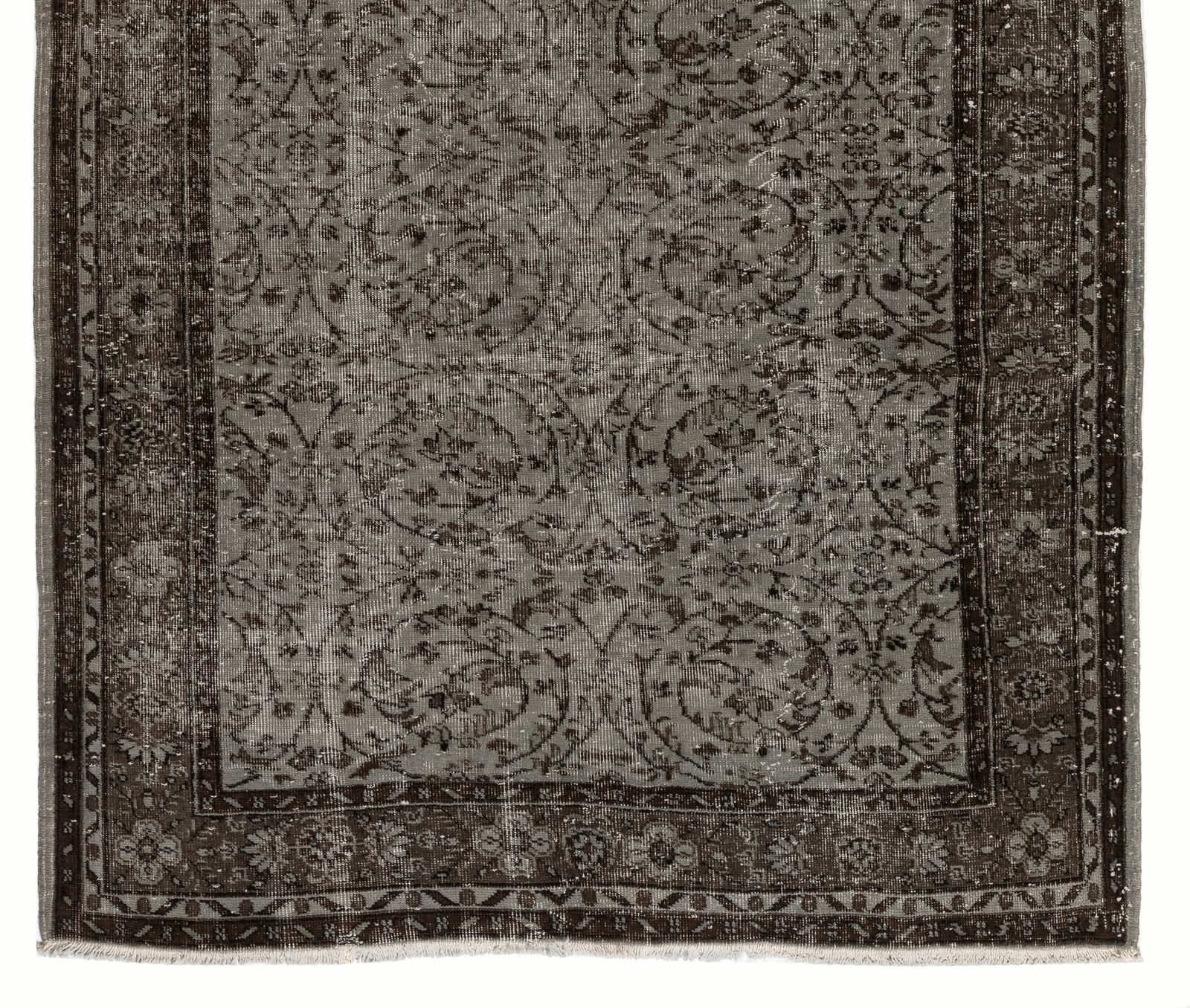 5.9x9.5 Ft Mid Century Handmade Floral Turkish Rug Overdyed In Bluish Gray photo for sale
