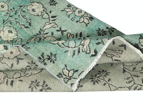 3.8x6.8 Ft Green Color Handmade Turkish Accent Rug With Flower Design photo for sale