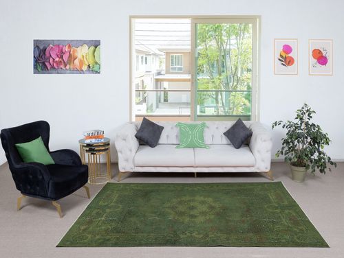 5.3x8.7 Ft Room Size Hand Knotted Turkish Wool Area Rug Over Dyed In Green photo furniture