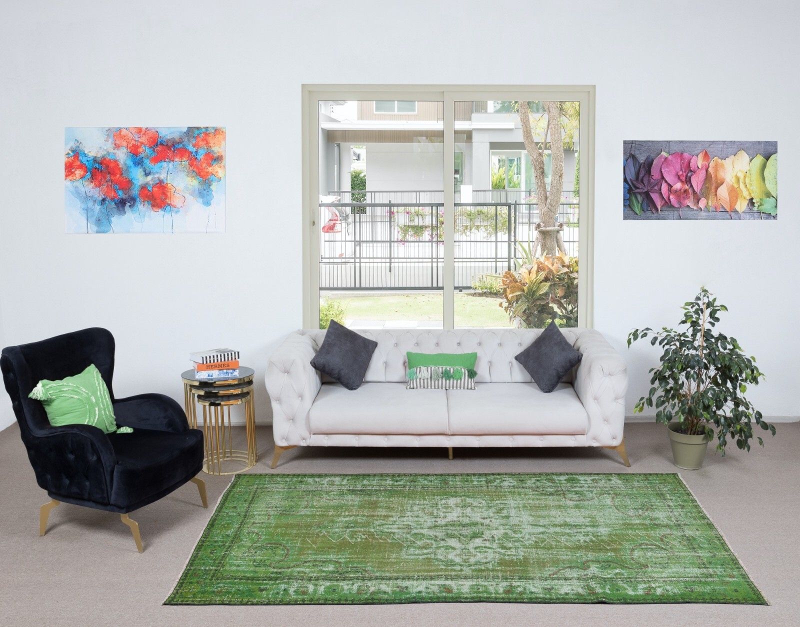 5.5x9 Ft Handmade Turkish Area Rug In Green, Modern Home Decor Carpet photo furniture