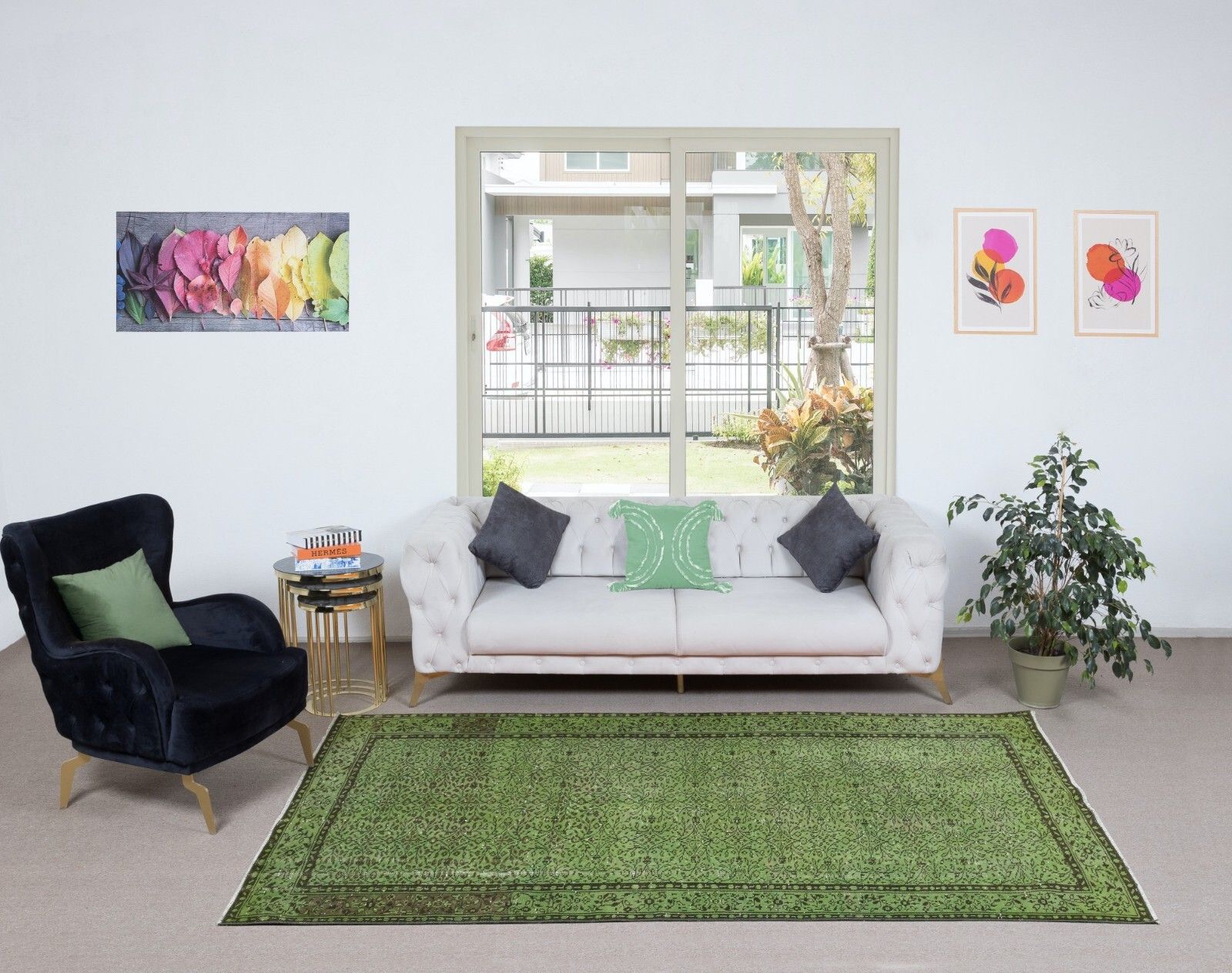 5.6x9.6 Ft Handmade Turkish Area Rug In Green, Contemporary Floral Carpet photo furniture