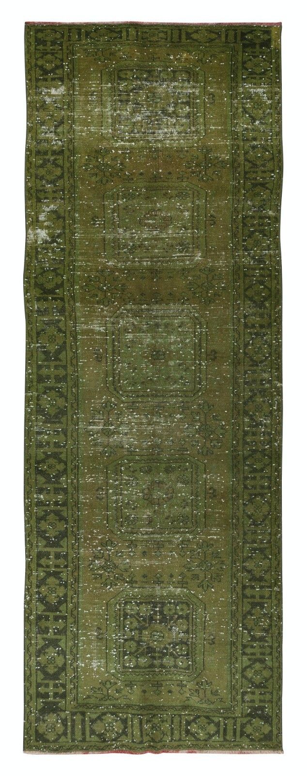 4.3x11.2 Ft Handmade Hallway Runner. Modern Green Turkish Corridor Rug