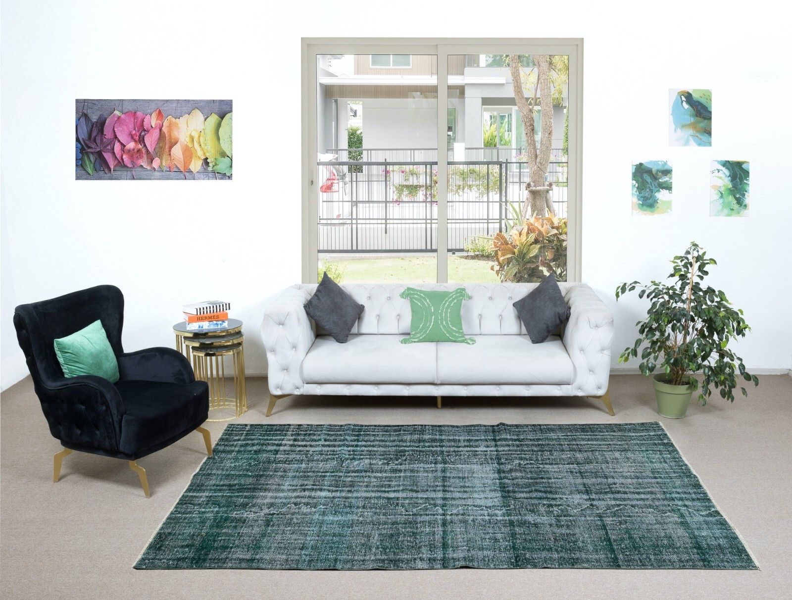 6.3x9.5 Ft Distressed Dark Green Rug, Handmade Turkish Carpet, Floor Covering photo furniture