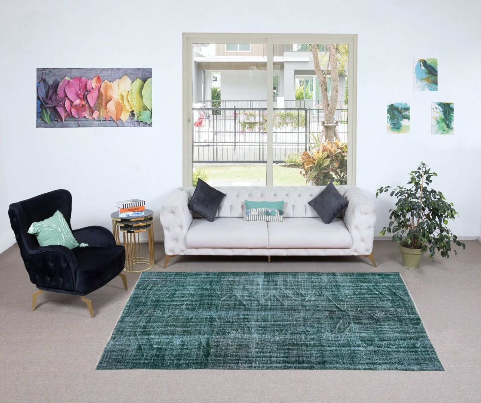 5.2x8.6 Ft Modern Handmade Turkish Green Area Rug With Shabby Chic Style photo furniture