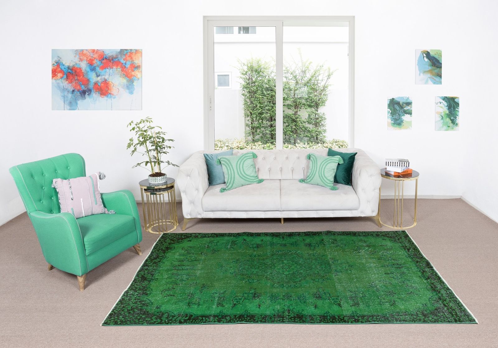 5.5x8.7 Ft Home Decor Handmade Green Over Dyed Rug With Floral Medallion Design photo furniture