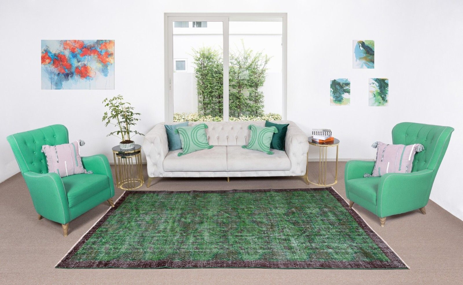 6.5x10 Ft Vintage Green Rug, Handmade Anatolian Wool Area Rug Overdyed In Green photo furniture