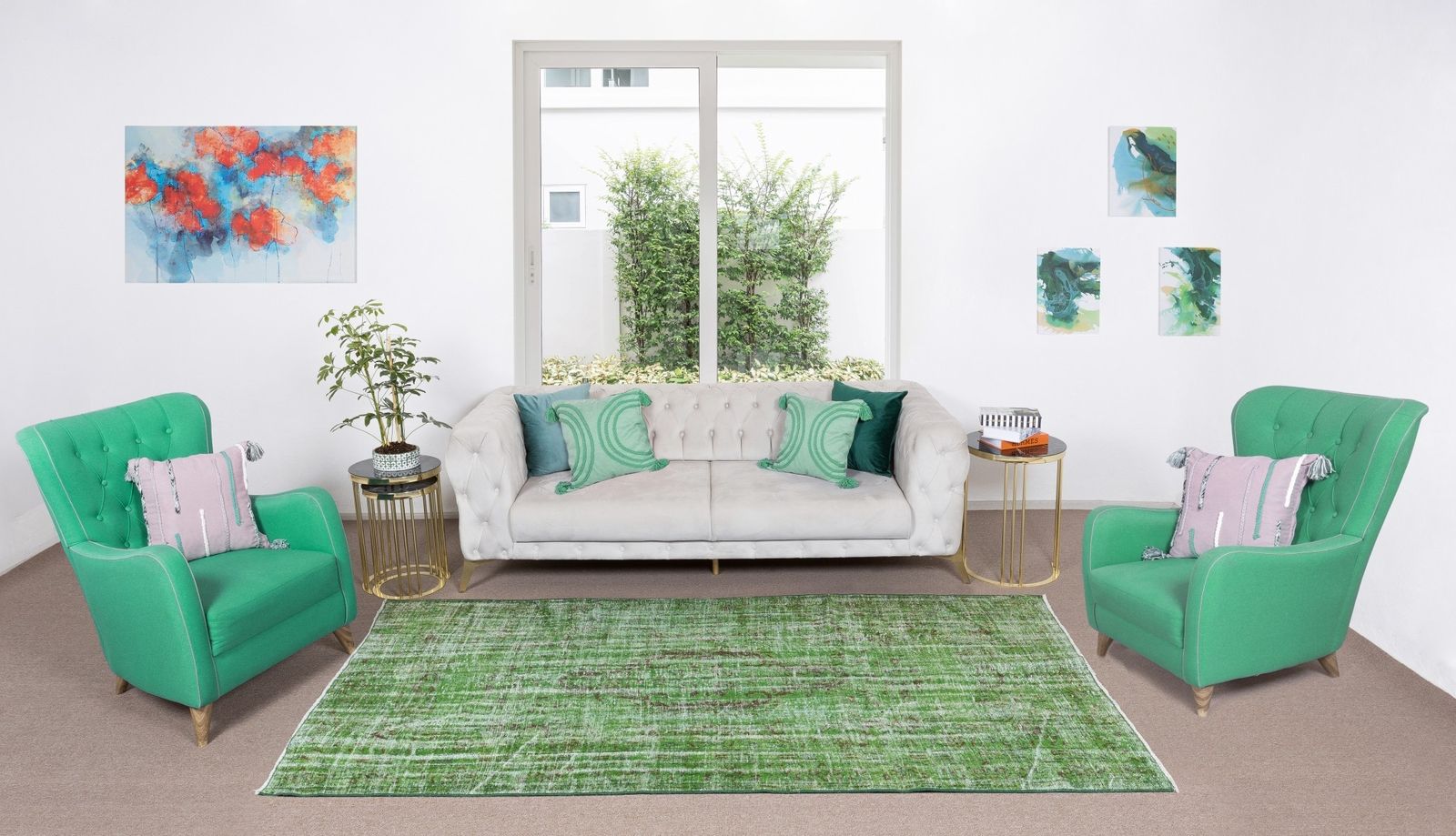 5.5x8.5 Ft Home Decor Green Over Dyed Rug, Handmade 1960s Turkish Wool Carpet photo furniture