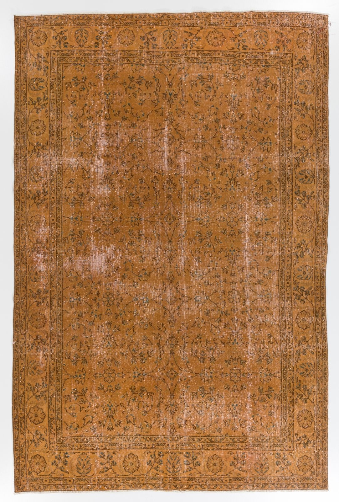 6.7x10.2 Ft Midcentury Floral Design Rug Redyed In Orange, Handknotted In Turkey