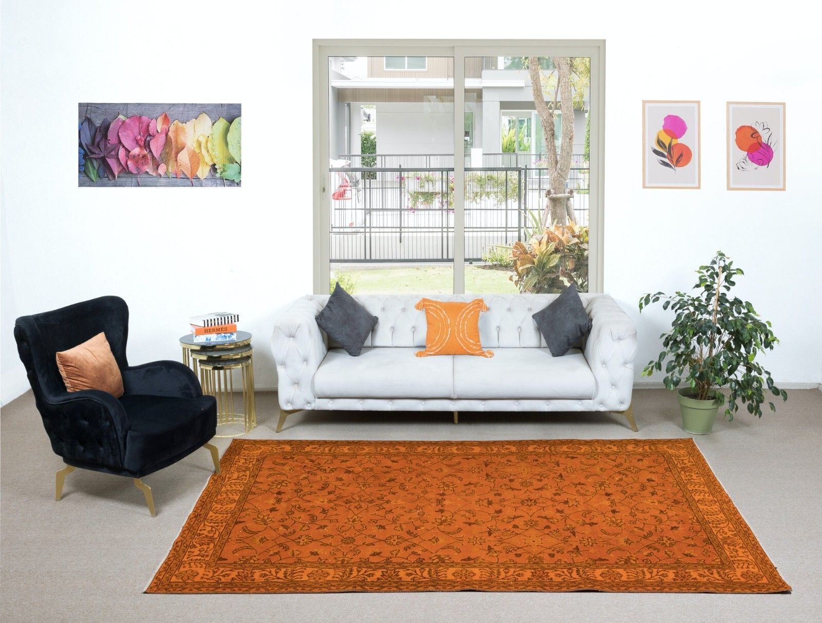 6x9.8 Ft Hand Made Turkish Area Rug In Orange, Modern Floral Design Carpet photo furniture