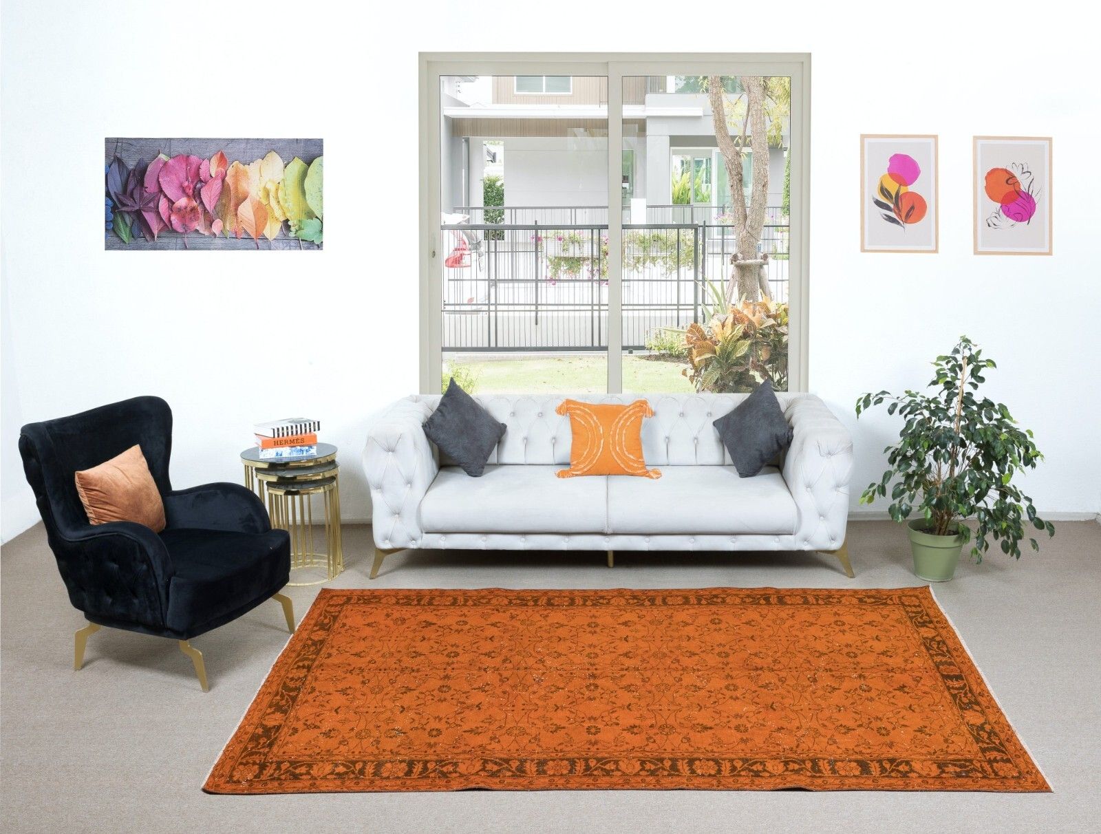 5.8x9.3 Ft Orange Handmade Turkish Rug With All Over Botanical Design photo furniture