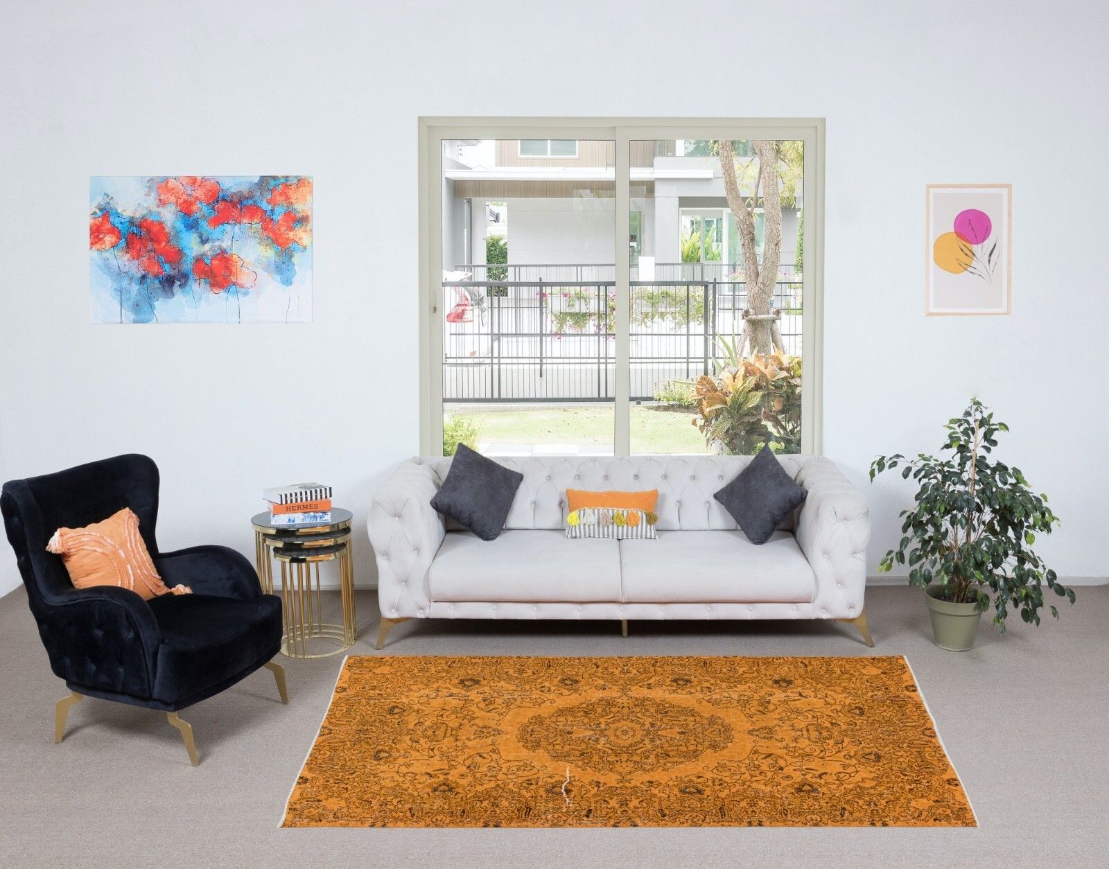 5.2x8.4 Ft Handmade Orange Area Rug From Turkey, Modern Medallion Design Carpet photo furniture