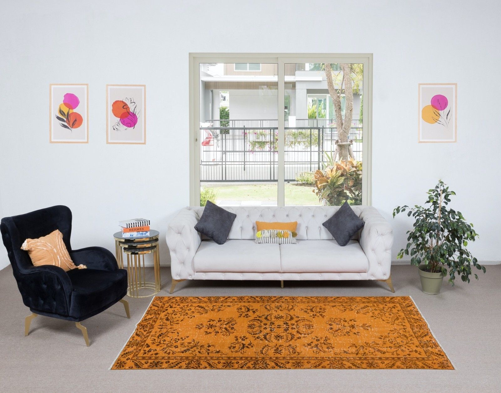 4.5x8.7 Ft Orange Area Rug From Turkey, Hand Knotted Contemporary Carpet photo furniture