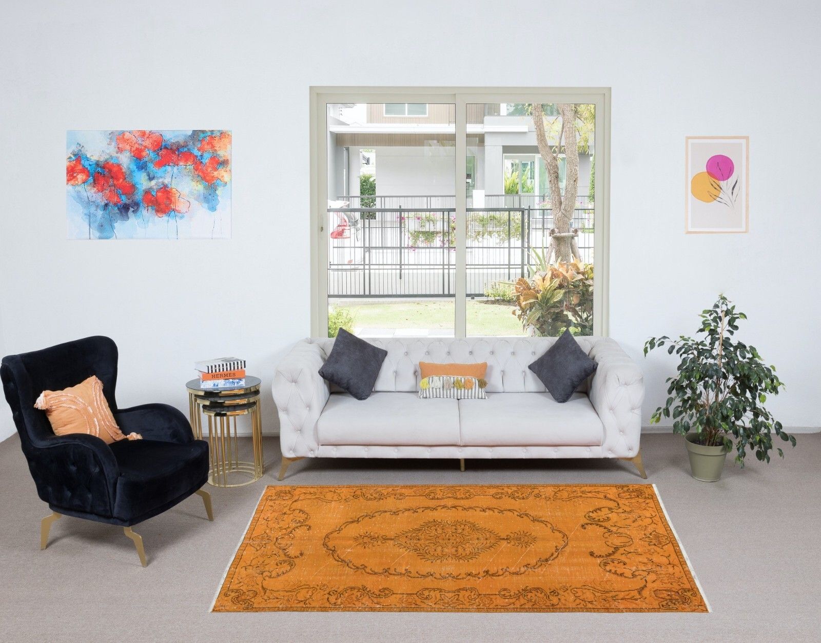 5x8 Ft Orange Handmade Turkish Area Rug, Bohem Eclectic Room Size Carpet photo furniture