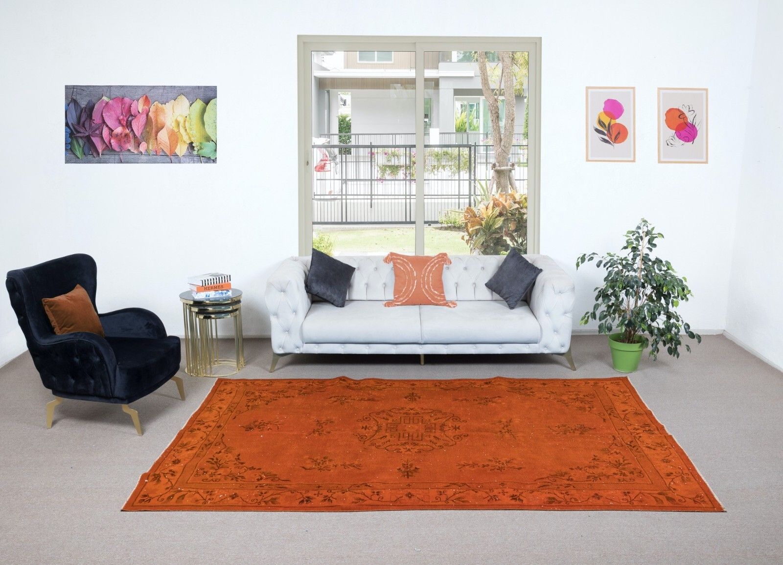 6.4x10 Ft Handmade Upcycled Turkish Rug, Orange Art Deco Design Modern Carpet photo furniture