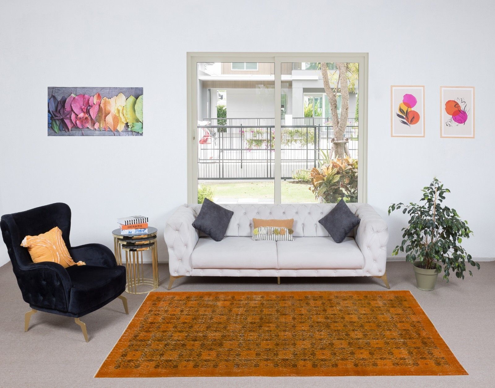 5.3x8.8 Ft Vintage Floral Design Rug Re Dyed In Orange, Handknotted In Turkey photo furniture