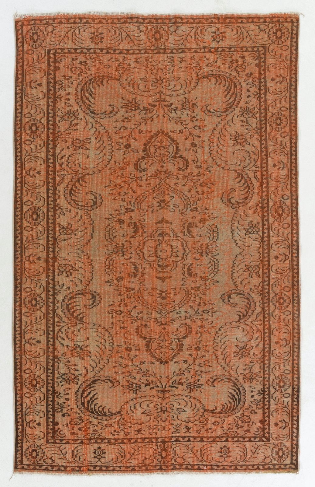 5.6x8.9 Ft Modern Vintage Area Rug Re Dyed In Brown, Handknotted In Turkey
