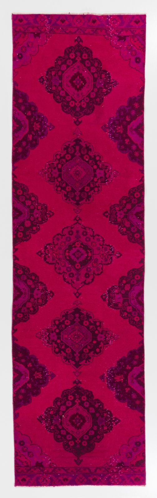 3.3x11.4 Ft Vintage Floral Runner Rug Re Dyed In Pink, Hand Knotted In Turkey