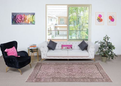 5.5x8.6 Ft Pink Color Hand Knotted Floral Patterned Turkish Rug For Living Room photo furniture