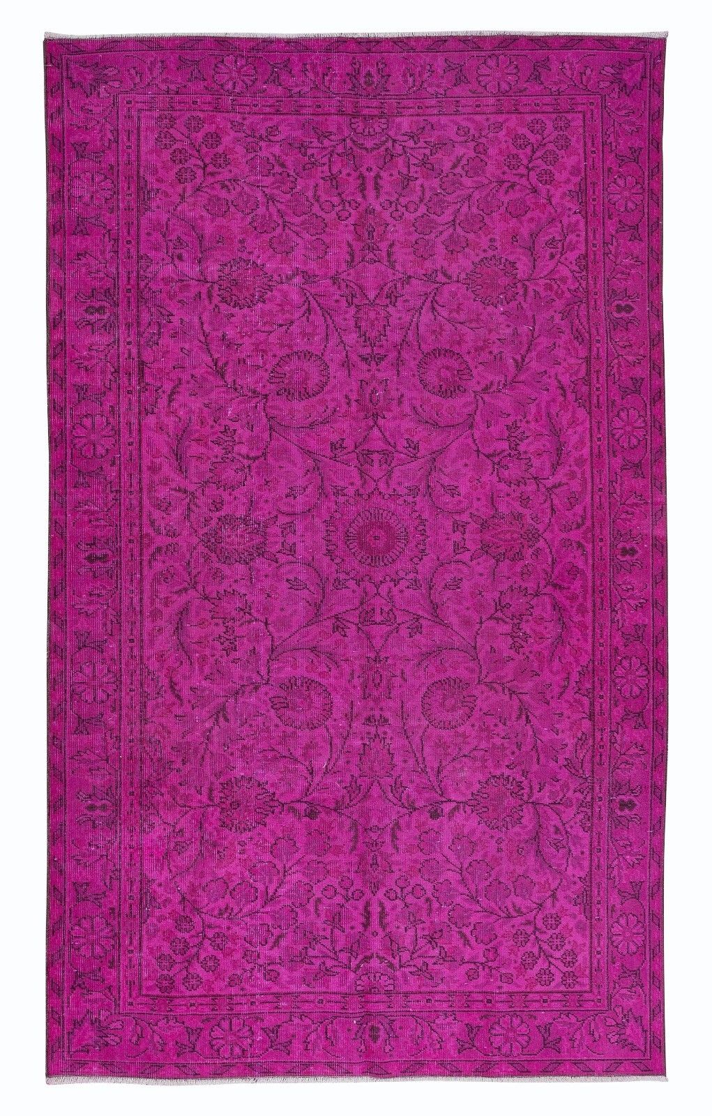 5.3x8.7 Ft Modern Handmade Turkish Vivid Hot Pink Rug With Flower Design
