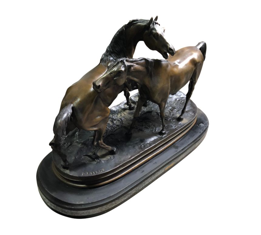 French Patinated Miniature Bronze Figure Of Two Horses By P.J. Mene photo vinterior