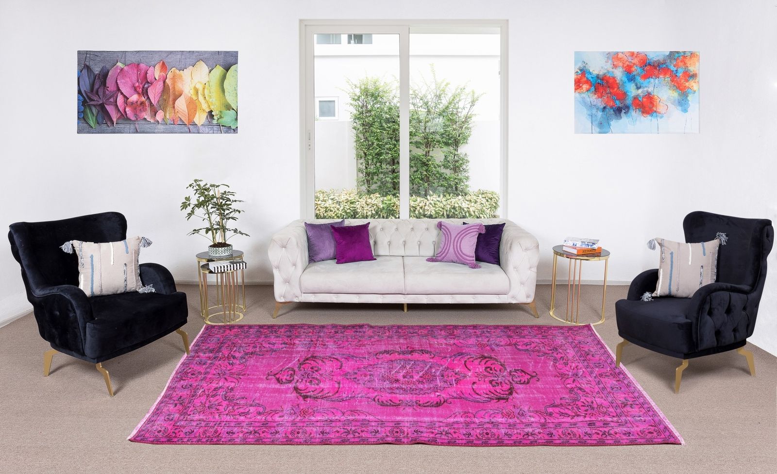 5.7x9.6 Ft Vintage Handmade Turkish Rug Over Dyed In Fuchsia Pink photo furniture