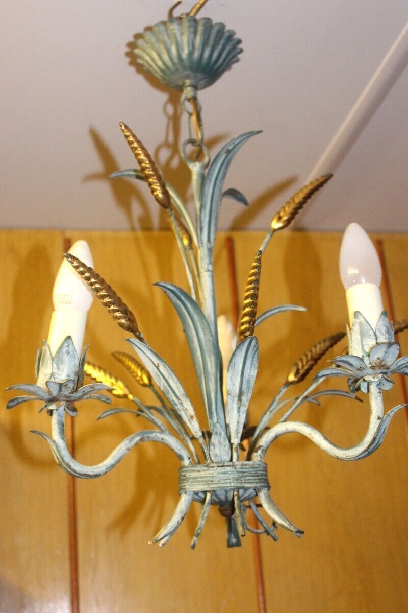 Metal Wheat Sheaf Chandelier Vintage Italian Tole Were Light 3 Arms photo vinterior