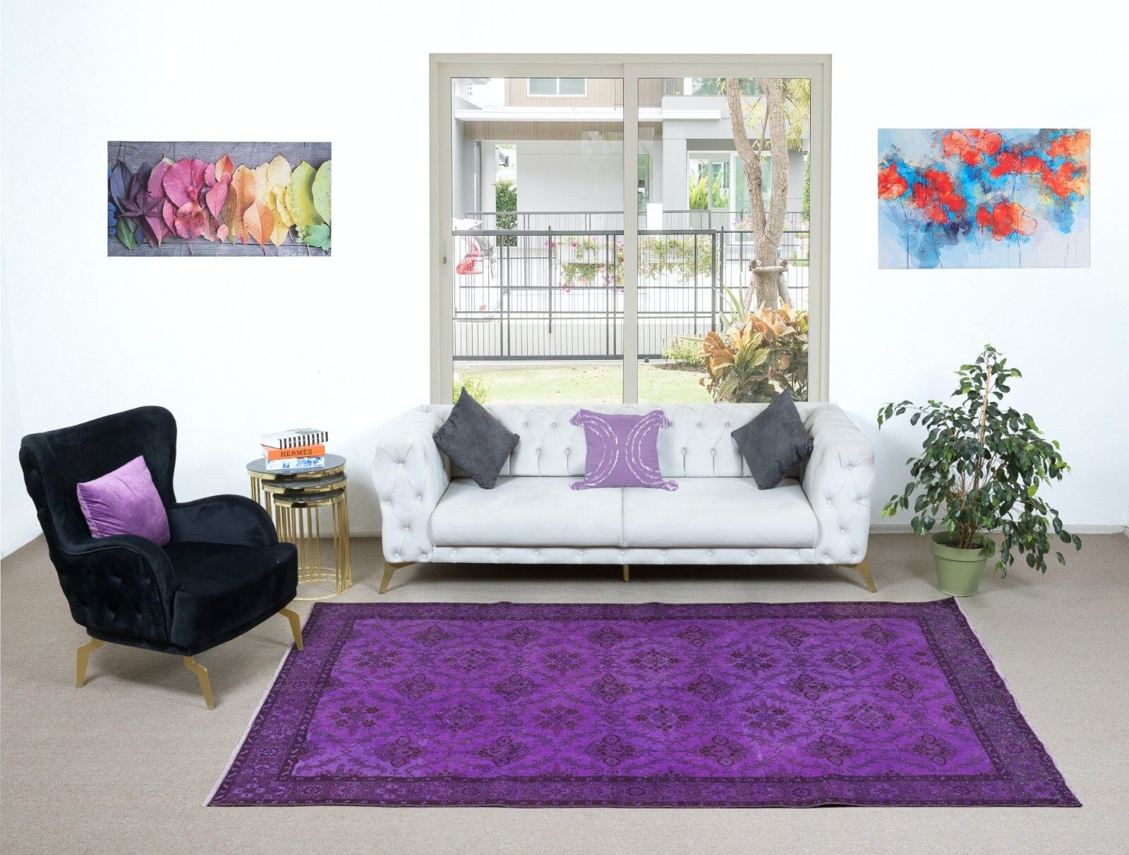 6.2x10 Ft Purple Contemporary Area Rug With Floral Design, Handknotted In Turkey photo furniture