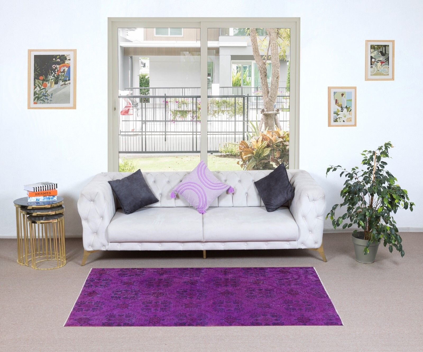 3.6x6.4 Ft Hand Knotted Accent Rug, Purple Floral Design Carpet From Turkey photo furniture