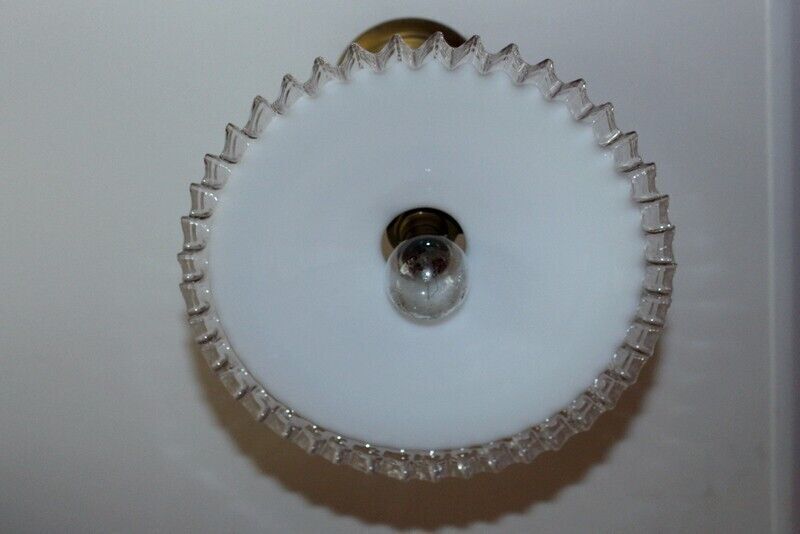 1930 Antique French Ceiling Light In White Glass Opaline And Brass   Complete photo 117.0