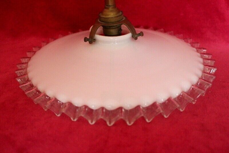 1930 Antique French Ceiling Light In White Glass Opaline And Brass   Complete photo vintage