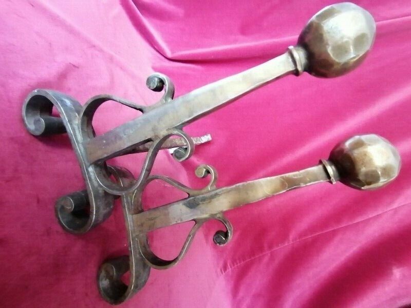 A Pair French Vintage Antique Cast Iron And Brass Fireplace Andirons Fire Dogs photo vinterior