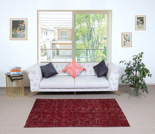 3.8x7 Ft Contemporary Handmade Wool Turkish Accent Rug Over Dyed In Red photo furniture