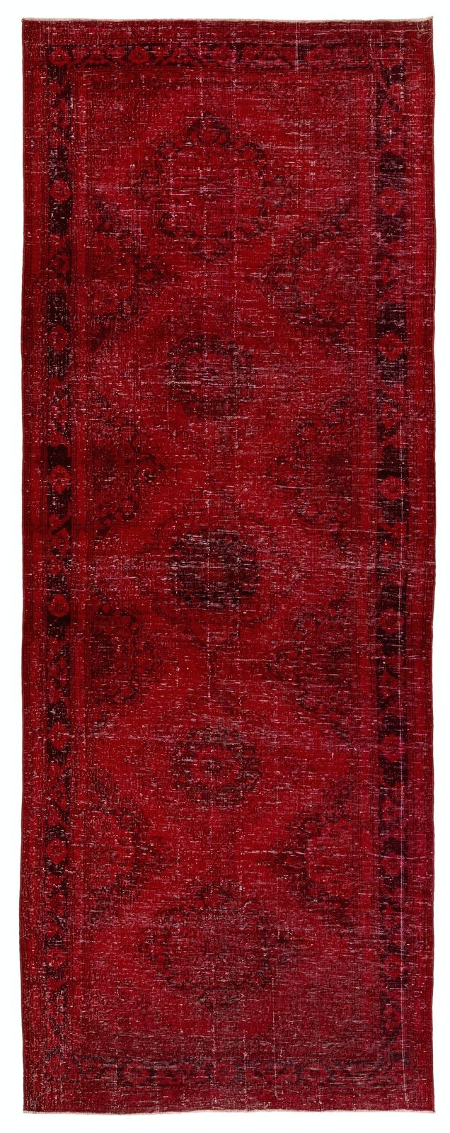 4.7x12.4 Ft Distressed Vintage Konya Sille Runner Rug Re Dyed In Red For Hallway