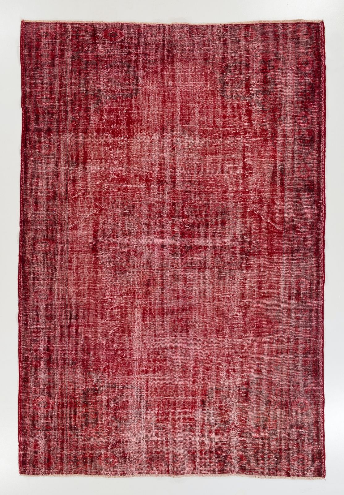 6.5x9.6 Ft Vintage Area Rug Redyed In Red For Living Room, Handknotted In Turkey
