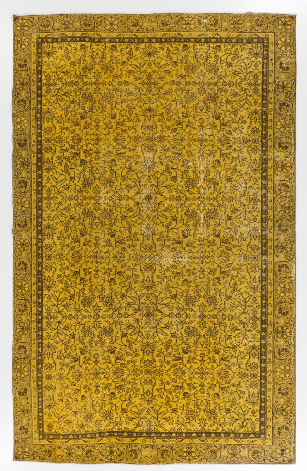 6.4x10.3 Ft Vintage Floral Area Rug Over Dyed In Yellow, Handknotted In Turkey