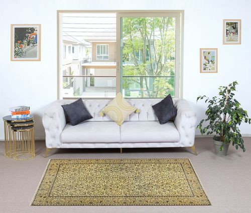 3.7x7 Ft Modern Handmade Turkish Wool Area Rug In Yellow With Floral Design photo furniture