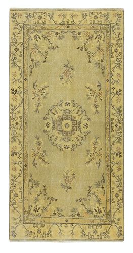 3.7x7 Ft One Of A Pair Handmade Yellow Turkish Wool Rug With Art Deco Design