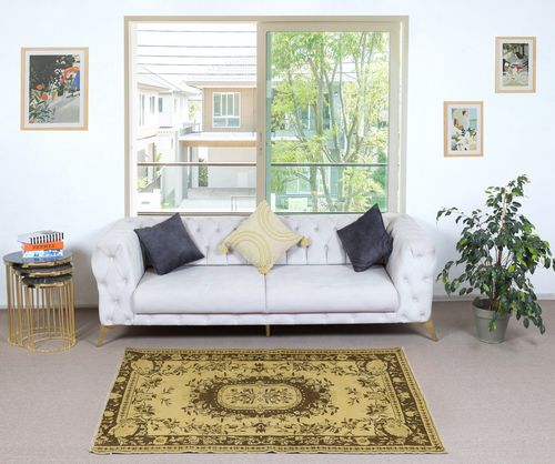 3.7x6.5 Ft Overdyed Yellow Turkish Wool Rug, Modern Handmade Floor Covering photo furniture