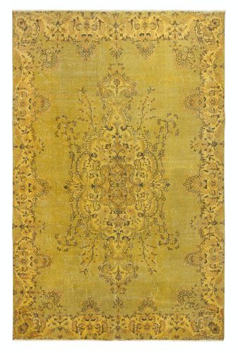 7x10.8 Ft Yellow Hand Knotted Turkish Area Rug. Medallion Design Carpet