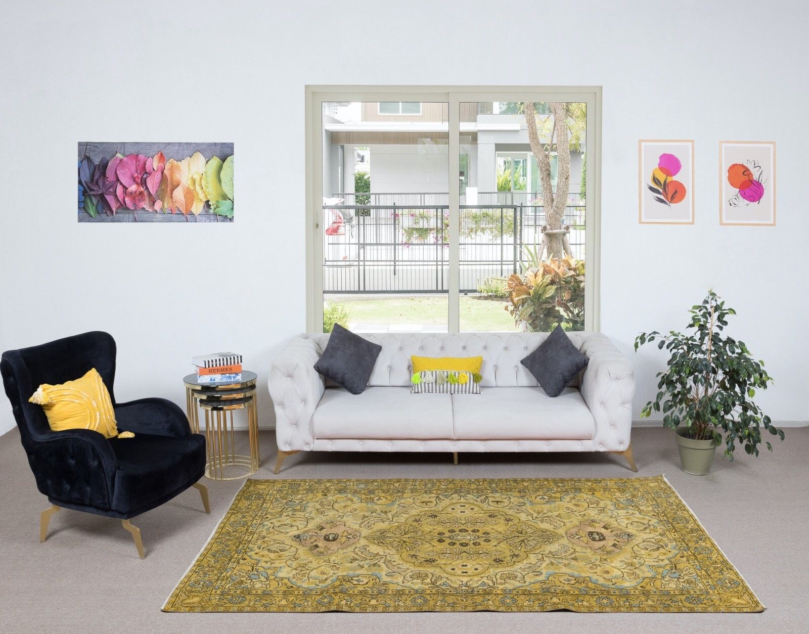 5.6x8.8 Ft Exquisite Yellow Turkish Area Rug, Modern Floral Handmade Carpet photo furniture
