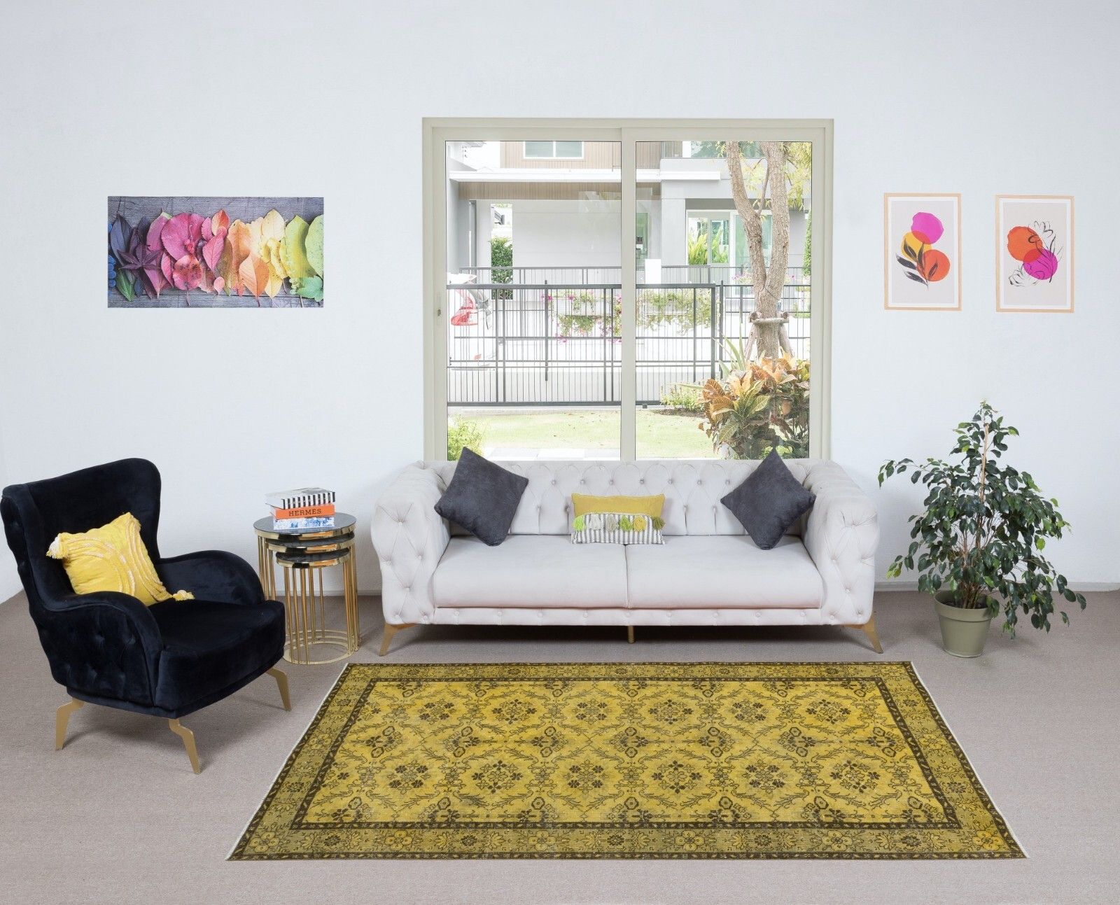 5.4x9 Ft Yellow Turkish Area Rug, Floral Handmade Carpet, Modern Floor Covering photo furniture