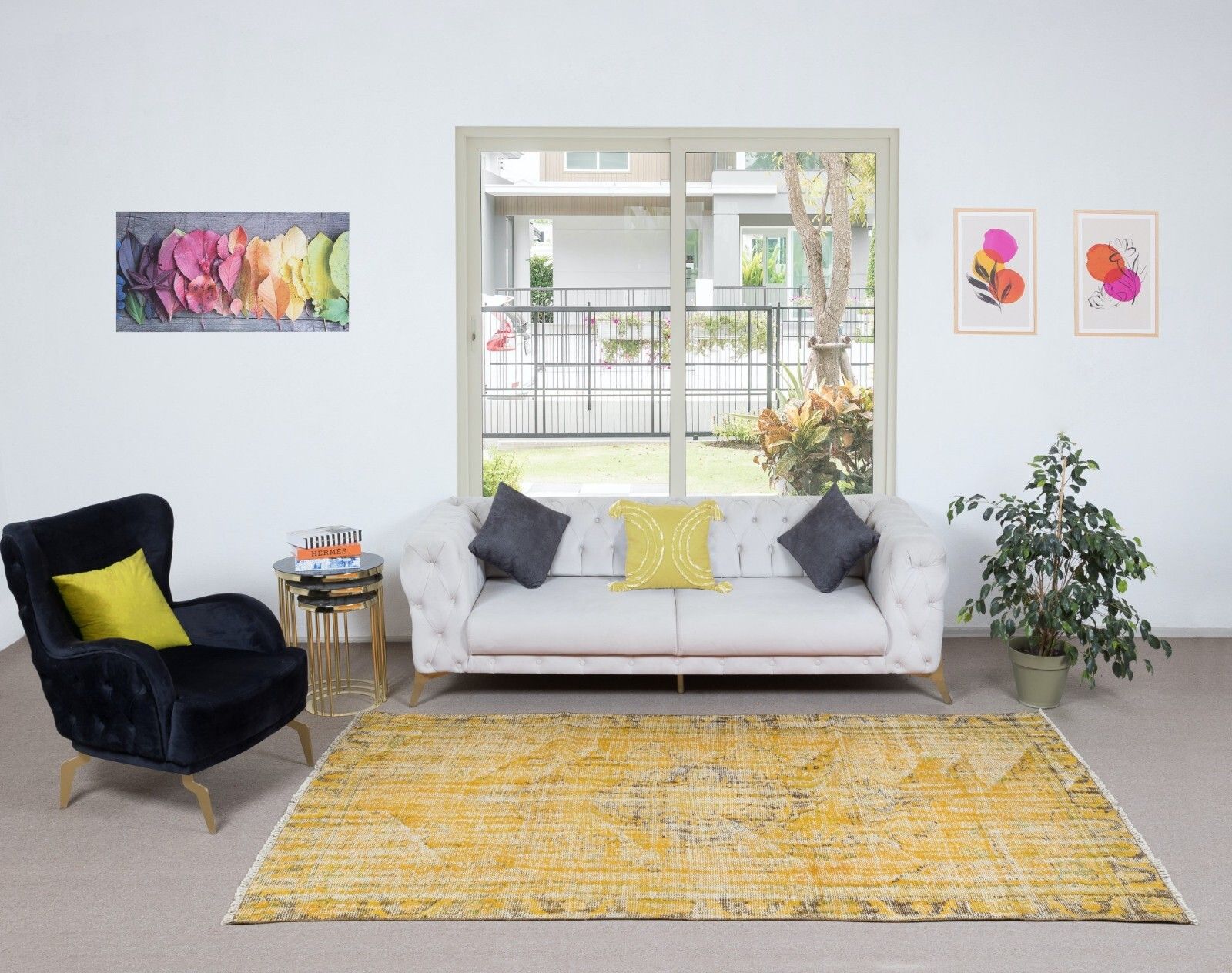 5.7x9.6 Ft Yellow Area Rug From Turkey, Hand Knotted Contemporary Wool Carpet photo furniture