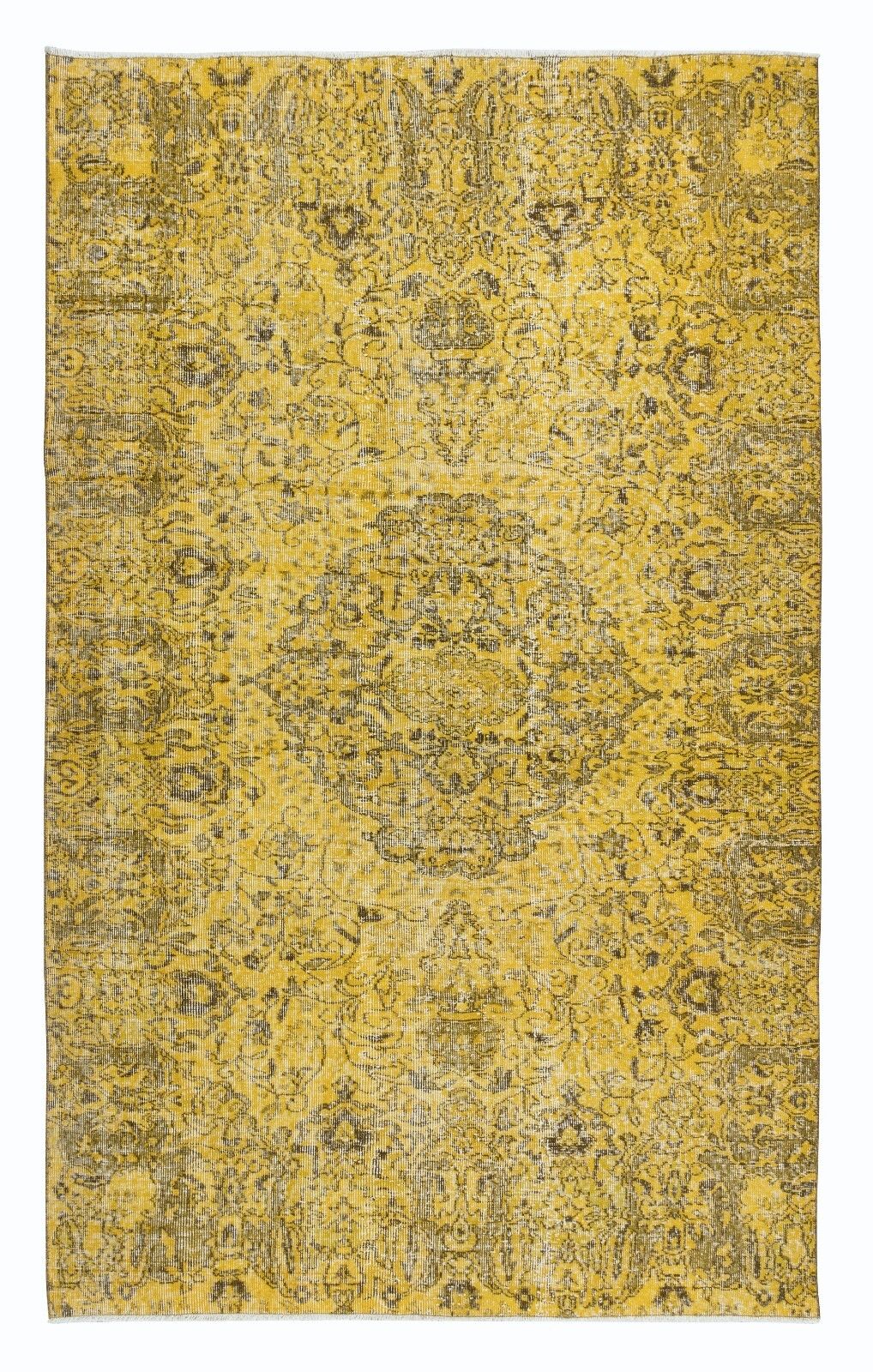 5.4x8.6 Ft Decorative Handmade Turkish Area Rug In Yellow With Medallion Design